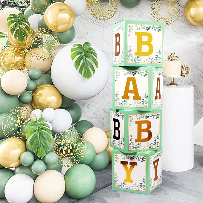Sage Green Baby Boxes with Letters for Baby Shower, 4pcs Safari Baby Shower Decorations for Boys and Girl Balloon Boxes Gender Reveal Party Favors