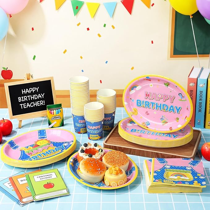 Vesici 150 Pcs Cartoon Birthday Oval Paper Plates and Napkins Set-serves 50, Cartoon Teacher Party Supplies 10'' x 12'' Large Disposable Heavy Duty Plate English Teacher Tableware for Birthday Party