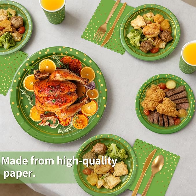 OuMuaMua Disposable Green Paper Plates Party Supplies for 24 Guests, 168 Pcs Green and Gold Party Plates, Cups and Napkins with Utensils Set for Birthday Graduation Party Decor