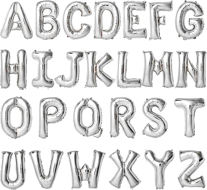 16 Inch Silver Letter Balloons Mylar Foil Alphabet Letter A-Z Balloons Set for Wedding Birthday Party Decoration Banner(26pcs Pack)