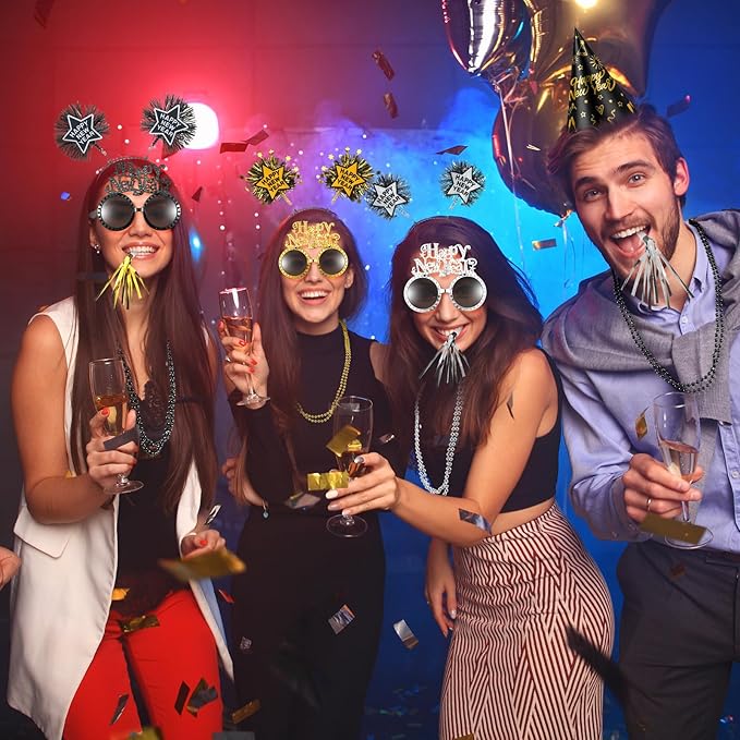 2026 New Years Eve Party Supplies for Guests Happy New Year Headbands Hats Noise Makers Glasses Necklace
