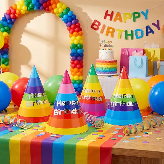 Azude Rainbow Party Hats for Kids and Adults, 12 Pack Happy Birthday Cone Hats with Metallic Foil Text, Sturdy 250gsm Paper Birthday Caps for Boys Girls & Classroom Celebrations, 7.9 Inch