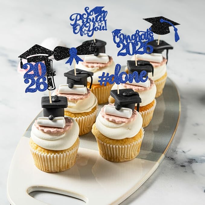 Gyufise 24Pcs 2026 Graduation Done Cupcake Toppers Blue Glitter Congrats Class of 2026 Diploma Grad Cap Cupcake Picks So Proud of You Cake Decorations for 2026 Graduation Theme Party Supplies