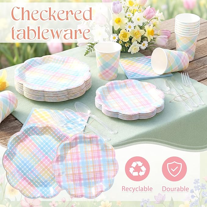 50 Sets Easter Spring Pastel Gingham Disposable Tableware Pastel Paper Plates Cups Napkins Clear Knives Forks Spoons for Birthday Baby Shower Wedding Party Decoration