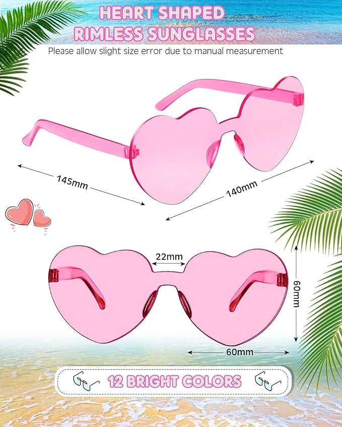 Photect 12 Pair Heart Shaped Sunglasses Neon Color Transparent Heart Glasses for Women Party Favor