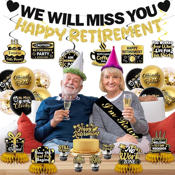Retirement Party Decorations Men Women, Black Gold Happy Retirement Decorations, Pre-Strung Happy Retlrement & We Will Miss You Banner, Balloons, Hanging Swirl, Cake Topper, Retired Sash Honeycomb Set