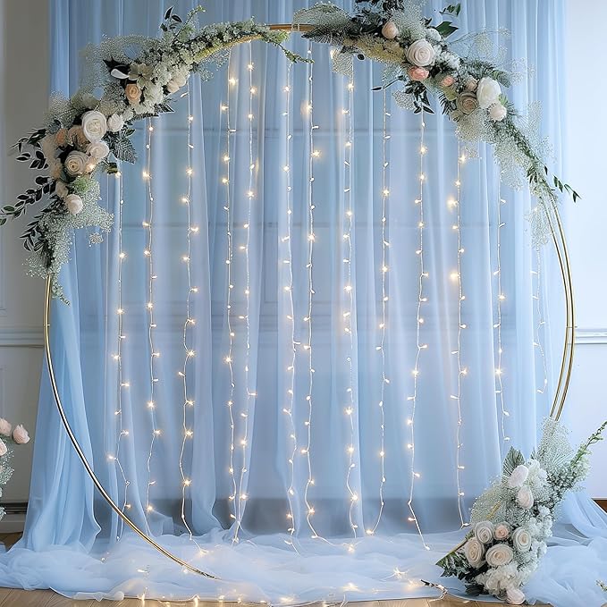 10x8ft Baby Blue Tulle Backdrop Curtain with Lights String for Parites, Sheer Photo Backdrop Curtains for Wedding Baby Shower Baby Boy Shower Birthday Party Photo Shoot Background Decorations