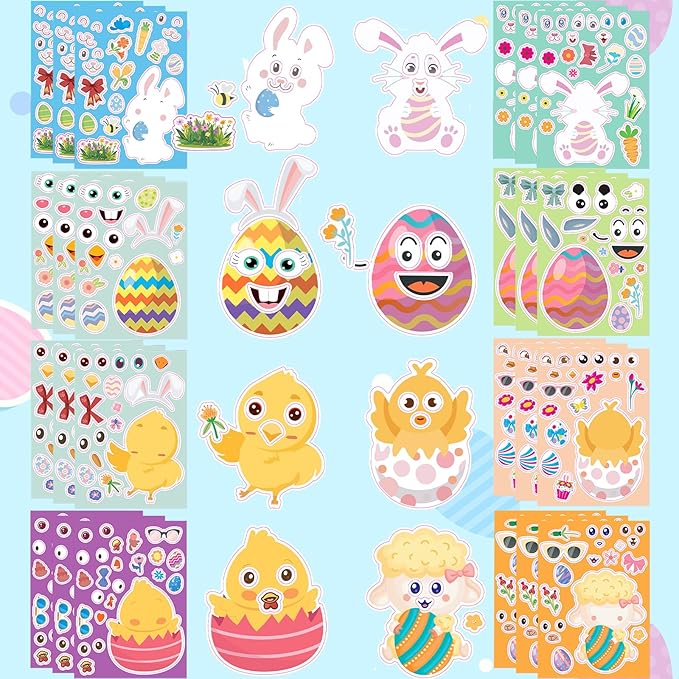 24 Sheets Easter Stickers for Kids - DIY Happy Egg Bunny Stickers Bulk Basket Stuffers Fillers for Toddlers Girls Boys, Kids Easter Crafts Classroom Gifts Games Activities Decor Party Favor Supplies