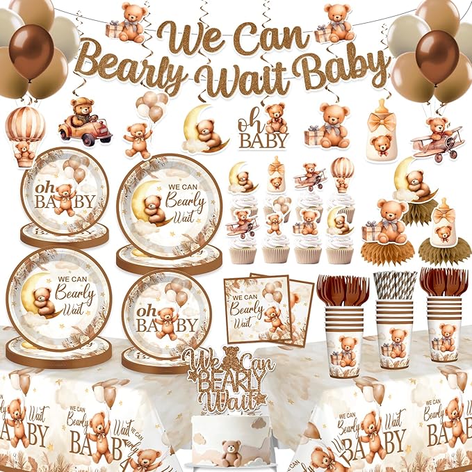 163pcs Bearly Baby Shower Decorations Complete Tableware Set, Serves 20 Guests, Teddy Bear Baby Shower Decor, Bear BabyShower Decorations Boys Girls, For Barely Theme Party