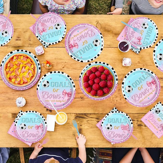 96Pcs Goals or Bows Gender Reveal Party Decoration Soccer Bows Plates and Napkins Blue Pink Watercolor Disposable Tableware Set for He or She Sports Gender Reveal Party Supplies Serves 24