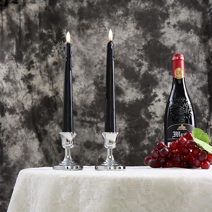 Black Flameless Taper Candles with Remote and Timer - 9.65 Inch Real Wax LED Candlesticks - Wax Drip Battery Operated Halloween Taper Candles with 3D Flickering Flame Halloween Decor, 3 Pack