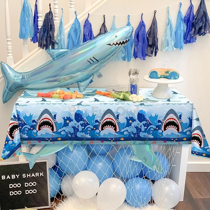3 Pcs Shark Party Tablecloths Plastic Disposable Birthday Party Table Cloth Rectangle Tablecovers Decorations Blue Boys Shark Theme Party Supplies 54x108 Inch