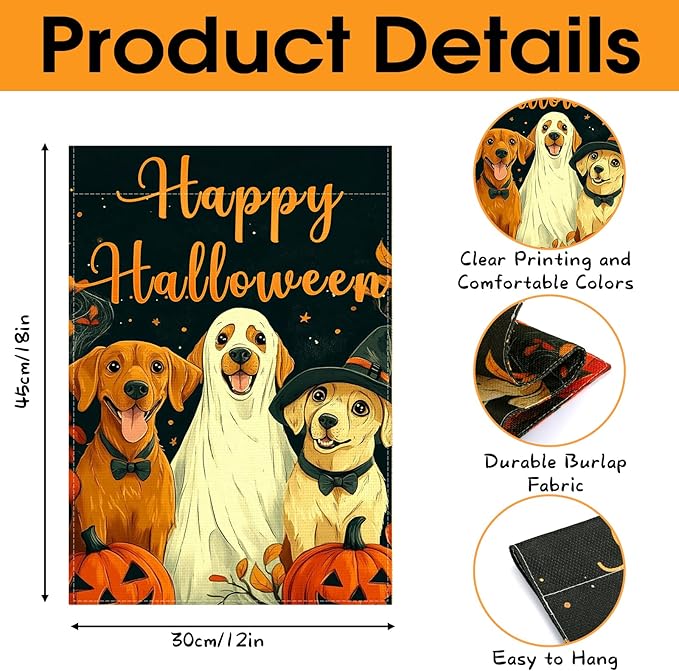 Fall Garden Flag for Outside, Happy Halloween Pumpkin Dog Garden Flags - 12x18 Inch Double Sided, Halloween Fall Decorations Outdoor, Burlap Halloweens Gardens Flag Decor for Outside Home, Falls Flags