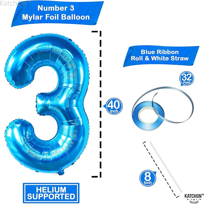 KatchOn, Giant Blue Number 3 Balloon - 40 Inch | Baby Shark Birthday Decorations Girls and Boys| Number Three Balloons for Under The Sea Party Decoration | Blue 3 Balloon, 3rd Anniversary Decorations