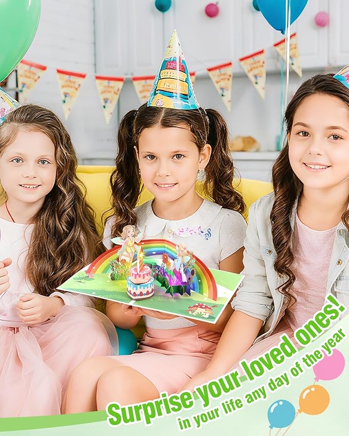 FaCraft Fairy Birthday Card - Musical Pop Up Birthday Card for Girls & Kids - 1st Birthday Card Girl with Blowable Candle & Cheering Sound - 8x6 Handmade Greeting Card with Envelope Blank Insert Seal