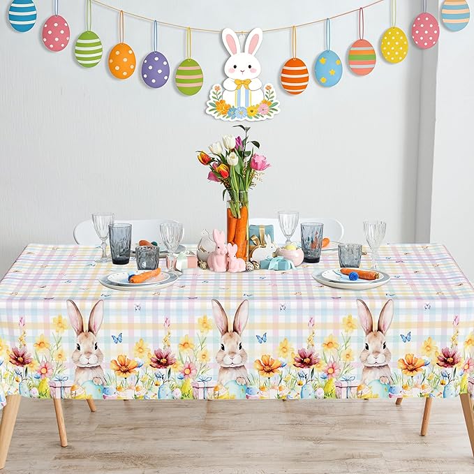 QZYL 2 Pack Easter Tablecloth Disposable, 54" x 108" Easter Decorations for Table, Plastic Table Cloths with Colorful Eggs Bunny Flower, Rectangular Spring Tablecloths for Party Decorations Supplies