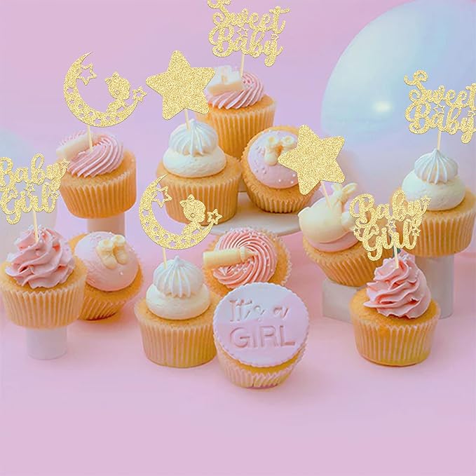 Gyufise 24Pcs Gold Glitter Baby Girl Cupcake Toppers Star Moon Sweet Baby Shower Cupcake Picks Decorations Baby Shower Girls Birthday Party Decorations Supplies