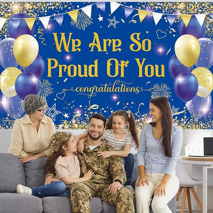 Blue Gold Congratulations We are So Proud of You Backdrop Banner Photography Background Hanging Party Supplies for Graduation Party Decorations Class of 2026 72.8 * 43.3in