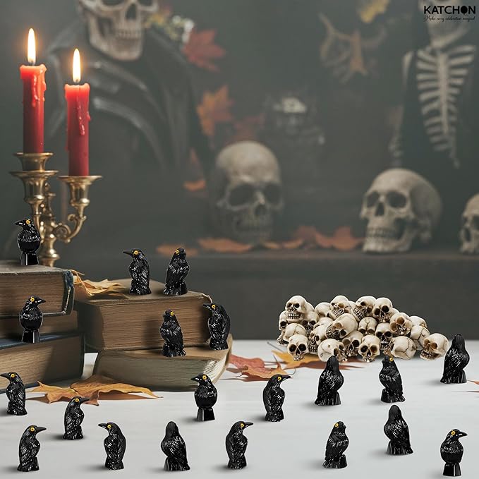 KatchOn Miniature Crows and Skulls – Pack of 40 | Halloween Decor Indoor, Outdoor | Halloween Decorations & Party Supplies | Skull Heads, Realistic Birds Decoration for Spooky Decor