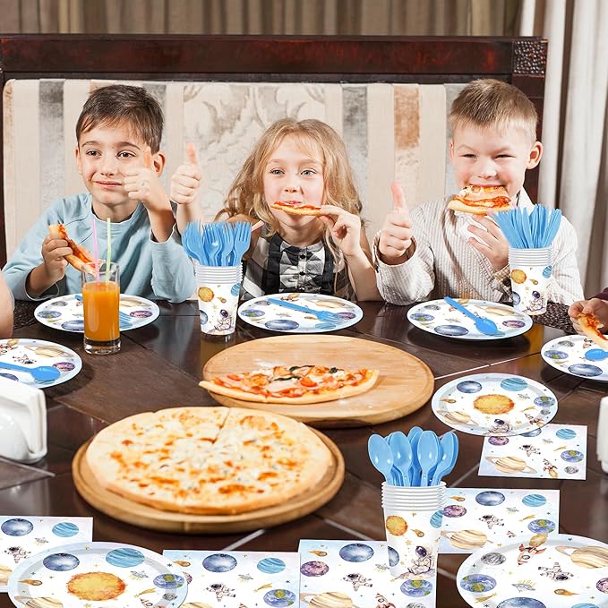 140PCS Space Themed Paper Plates Party Supplies Decorations, Birthday Paper Plates First Trip Around The Sun Astronaut Planet Cake Plate Tableware Dinner Set for Boys Girls Birthday Shower