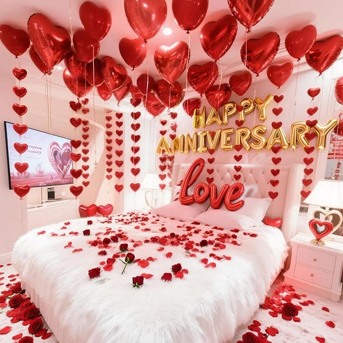 Anniversary Decorations Kit - 1000 Artificial Rose Petals & Red Heart Foil Balloons Set with Love Banner - Romantic Room Decor for Wedding Night, Proposal & Couples Special Events