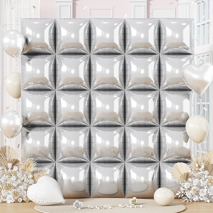 Silver Square Foil Balloons Wall, 25PCS Double Sided Metallic Chrome Silver Foil Square Balloon Backdrop Flat Tunnel Background for Birthdays Graduation Baby Shower New Year Eve Anniversary Engagement