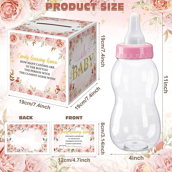 Glenmal 52 Pcs Baby Shower Games Gift Sets Large Baby Bottle for Shower Game Guess How Many Candies Decorations for Gender Reveal(Flower)