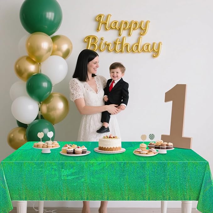 4Pcs Green Holographic Tablecloths Rectangular Green Iridescent Tablecloth Shimmer Metallic Table Covers for St. Patrick's Day Birthday Christmas Witch Theme Party, 54x108Inch