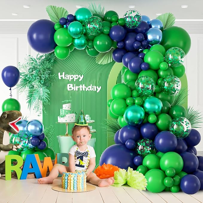 124pcs Blue and Green Balloon Arch Kit, Metallic Blue and Green Balloons with Confetti for Baby Shower Birthday Party Decoration