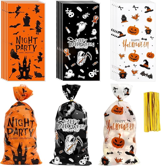 100 PCS Halloween Treat Bags(5x11 Inch) with Tie, Plastic Halloween Bags for Candy Goodie Goody Cookie Gift Wrap Night Party Favors Supplies Decorations Ghost Witch Castle Pumpkin Cellophane Pouch