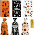 100 PCS Halloween Treat Bags(5x11 Inch) with Tie, Plastic Halloween Bags for Candy Goodie Goody Cookie Gift Wrap Night Party Favors Supplies Decorations Ghost Witch Castle Pumpkin Cellophane Pouch