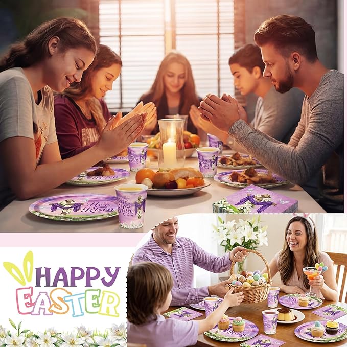 Vesici 150 Pcs Easter Cross Paper Plates and Napkins Set-serves 50, 10'' x 12'' Large Bunny Flower Tableware Disposable Purple Cross Paper Plates Cups Napkins for Spring Easter Birthday Party Supplies