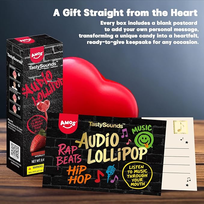 AMOS Music Lollipop Candy Suckers – TastySounds Audio Hip Hop Singing Lollipop, Assorted Fruit Flavors, Sugar-Free, Low-Calorie Snack, 4-Pack Gift Box