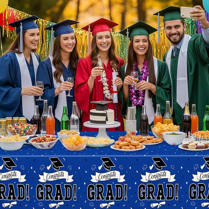 QZYL 2 PCS Graduation Decorations 2026, 108" X 54" Blue Graduation Tablecloth, Disposable Plastic Class of 2026 Tablecover, Rectangle Congrats Grad Table Cloths for Grad Decor Party Supplies