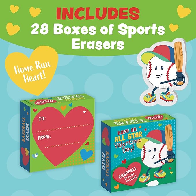 Peaceable Kingdom Valentines Box for Kids, Valentines Day Box Kit for Valentines Cards for Kids Classroom - Sports Eraser Valentines