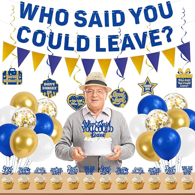 Roetyce Farewell Party Decorations, Gold and Blue Who Said You Could Leave Banner Cake Toppers Balloons Hanging Swirls, Going Away Retirement Leaving Party Decorations, Coworker Goodbye Party Supplies