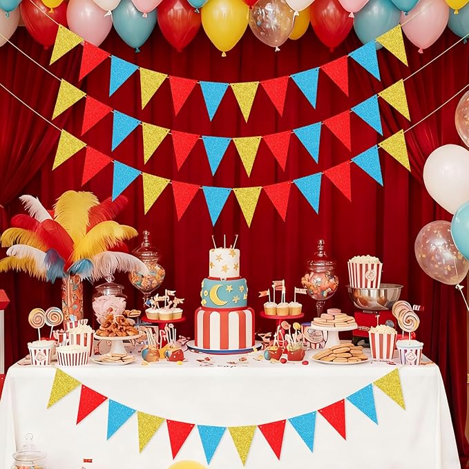 48 Pcs Colorful Triangle Banner Flag Pennant Banner Flags Glitter Garland Wall Door Hanging Banners for Birthday Graduation Classroom School Party Backdrop Decorations Gold, Red, Blue