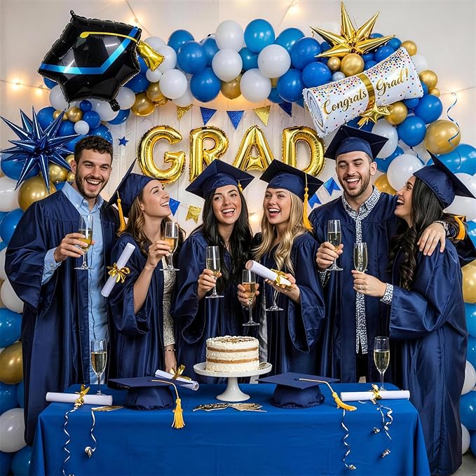 Blue Graduation Balloons Garland Arch Kit, 113 PCS Blue Gold White Graduation Star Print Cap Certificate Grad Foil Balloons with Gold Explosion Star Balloon for Graduate Class of 2026 Prom Party Decor