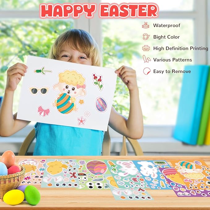 24 Sheets Easter Stickers for Kids - DIY Happy Egg Bunny Stickers Bulk Basket Stuffers Fillers for Toddlers Girls Boys, Kids Easter Crafts Classroom Gifts Games Activities Decor Party Favor Supplies