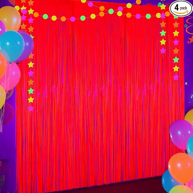 4 Packs Glow in The Dark Foil Fringe Curtain, Macaron Orange Blacklight Reactive Fluorescent Tinsel Backdrop Neon Luminous Streamers for Birthday, Wedding, Neon Party, Glow Party Decorations Supplies