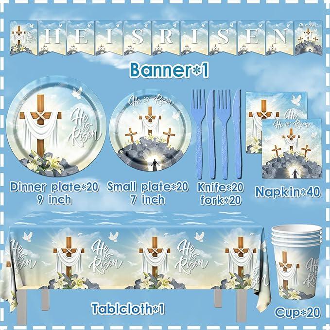 He is Risen Party Supplies, 142Pcs Easter He is Risen Decoration Tableware Set Include Easter Religious Plates and Napkins,Cups,Banner,Tablecloth for Spring Christian Party Supplies