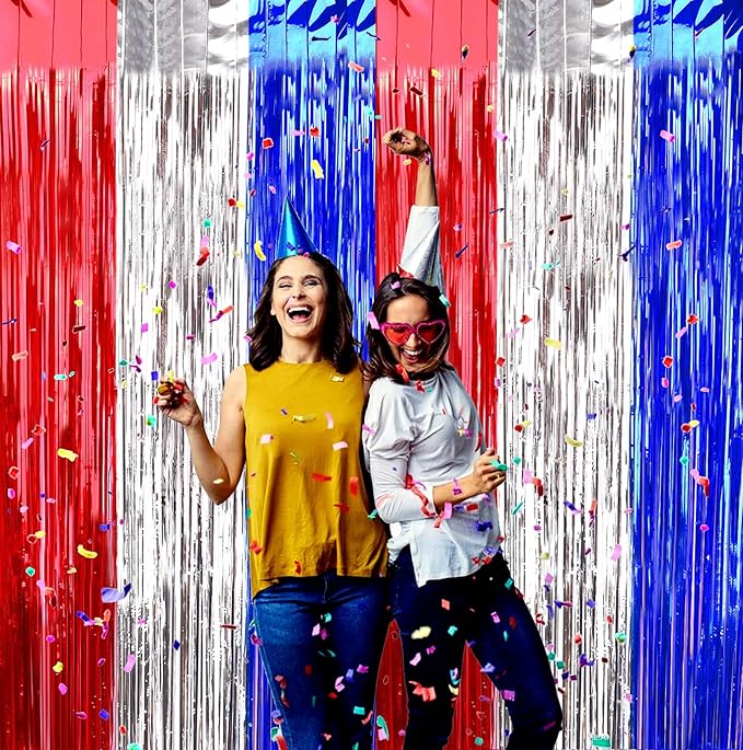 July 4th Party Decorations, Curtain Tinsel Streamers Birthday Decoration, Blue Silver Red Backdrops for Independence Day, Colourful Photo Props for 2025 Graduation Decoration, 2Pack 3.28X6.56Ft