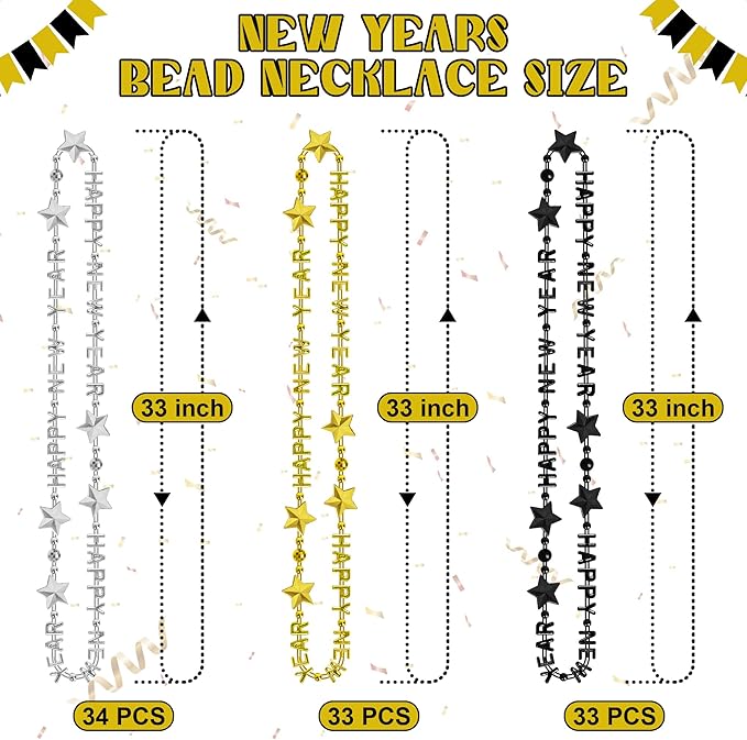 48PCS New Years Necklace, 3 Kinds New Years Eve Bead Necklaces Party Supplies 2026 Bulk, HAPPY NEW YEAR Star Necklace Accessories, Black Gold Silver Bead Necklace 2026 for New Year Party Decorations