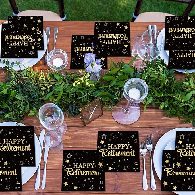 100 Pack Retirement Paper Napkins Retirement Party Decorations Happy Farewell Celebration Graduations Supplies We Will Miss You Napkins for Retired Decor Favors Black Gold Teacher