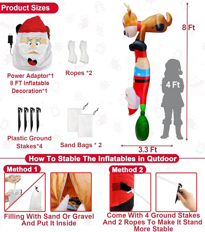 TURNMEON 8 Ft Christmas Inflatable Reindeer & Climbing Santa Claus, Funny Hanging Outdoor Decoration with Built-in LED Light for Yard & Indoor Garden Lawn Party
