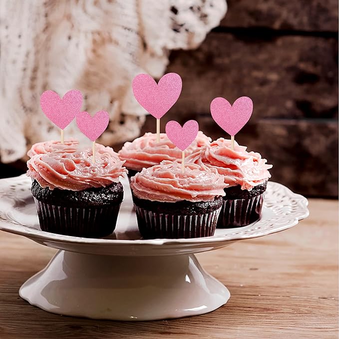 30 PCS Heart Cupcake Toppers Glitter Sweet Love Theme Cupcake Picks Wedding Engagement Bridal Shower Birthday Valentine's Day Party Cake Decorations Supplies Mixed Size Pink