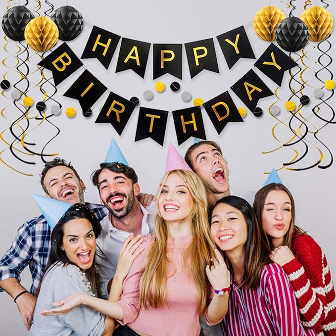 Black Birthday Decorations with Happy Birthday Banner, Paper Honeycomb Balls, Circle Garland and Hanging Swirl Decorations