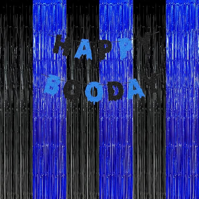 Black Blue Party Decorations Backdrops, Gaming Party Foil Fringe, 2026 Graduation Black Blue Curtains Backdrops for Boys Birthday New Year Baby Shower Gamer Fan Party Decorations (3 Pack)