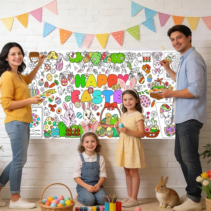 Easter Giant Coloring Poster for Kids,30x72 Inch Happy Easter Crafts Drawing Paper Coloring Tablecloth DIY Art Crafts for Kids Party Bunny Egg Themed Activity Home Classroom Party Suppiles