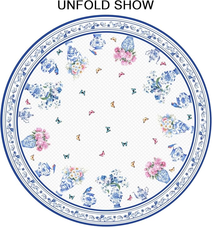 Spring Summer Round Tablecloth Blue Vase Floral Circle Table Cloth 70 Inch Chinoiserie Farmhouse Table Cover Washable Polyester Indoor Decorations for Home Kitchen Dinning Party